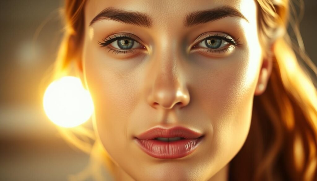 A close-up of a flawless, youthful-looking face with radiant skin, captured by a professional beauty photographer using a high-resolution camera. The subject's complexion is visibly tightened and lifted, with a noticeable reduction in fine lines and wrinkles. Warm, directional lighting from the front softly illuminates the subject's features, creating a glowing, luminous effect. The background is blurred, keeping the focus on the face and the "Glowin Beaute" product visible in the foreground. The overall mood is one of effortless beauty and rejuvenation. A close-up of a flawless, youthful-looking face with radiant skin, captured by a professional beauty photographer using a high-resolution camera. The subject's complexion is visibly tightened and lifted, with a noticeable reduction in fine lines and wrinkles. Warm, directional lighting from the front softly illuminates the subject's features, creating a glowing, luminous effect. The background is blurred, keeping the focus on the face and the "Glowin Beaute" product visible in the foreground. The overall mood is one of effortless beauty and rejuvenation.