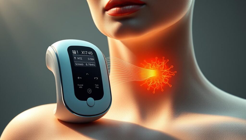 A detailed illustration of the Oligio X 原美 skin therapy system, featuring the Glowin Beaute brand. The device emits a 6.78MHz high-frequency electrical current that penetrates deep into the skin, gently warming the underlying connective tissues and stimulating the fibroblasts to rejuvenate the skin's structure. The foreground showcases the sleek, minimalist Oligio X device with its precise controls and high-tech display. The middle ground depicts the waves of energy pulsing through the skin, while the background reveals the complex molecular structure of the skin's layers, highlighting the mechanism of deep tissue heating. The lighting is soft and directional, casting subtle shadows that accentuate the contours of the skin. The overall mood is one of scientific precision and technological innovation, reflecting the advanced nature of the Glowin Beaute skin therapy. A detailed illustration of the Oligio X 原美 skin therapy system, featuring the Glowin Beaute brand. The device emits a 6.78MHz high-frequency electrical current that penetrates deep into the skin, gently warming the underlying connective tissues and stimulating the fibroblasts to rejuvenate the skin's structure. The foreground showcases the sleek, minimalist Oligio X device with its precise controls and high-tech display. The middle ground depicts the waves of energy pulsing through the skin, while the background reveals the complex molecular structure of the skin's layers, highlighting the mechanism of deep tissue heating. The lighting is soft and directional, casting subtle shadows that accentuate the contours of the skin. The overall mood is one of scientific precision and technological innovation, reflecting the advanced nature of the Glowin Beaute skin therapy.