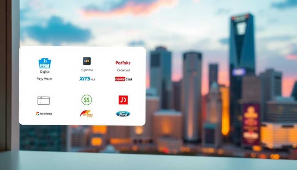 A modern, clean interface showcasing the various payment options available at the UTown entertainment center. A centralized panel displays the icons and logos of digital wallets, credit/debit cards, and other payment methods. The foreground features a minimalist layout with subtle textures, while the background has a soft, blurred cityscape with skyscrapers and a vibrant sunset sky. The overall mood is one of efficiency, convenience, and technological sophistication, reflecting the seamless payment experience offered by UTown. A modern, clean interface showcasing the various payment options available at the UTown entertainment center. A centralized panel displays the icons and logos of digital wallets, credit/debit cards, and other payment methods. The foreground features a minimalist layout with subtle textures, while the background has a soft, blurred cityscape with skyscrapers and a vibrant sunset sky. The overall mood is one of efficiency, convenience, and technological sophistication, reflecting the seamless payment experience offered by UTown.
