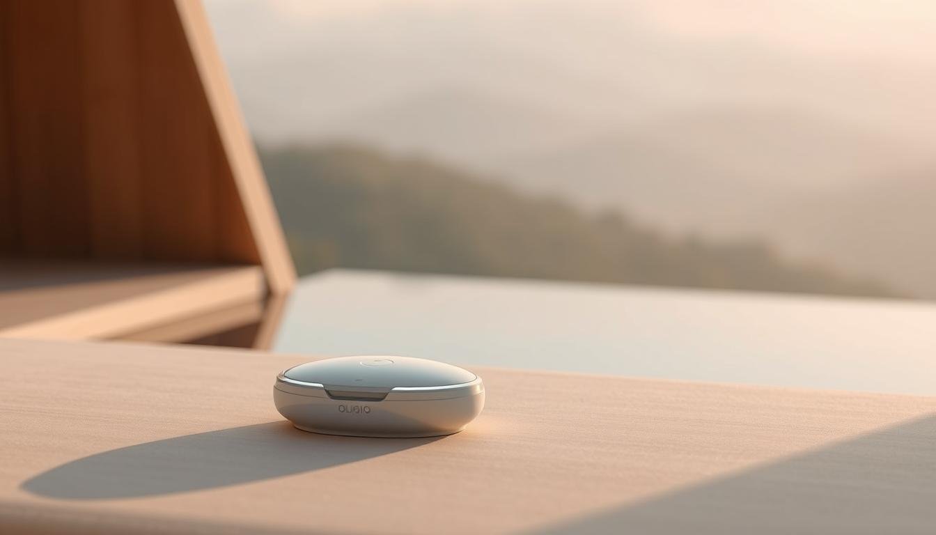 A serene, minimalist scene showcasing the Oligio X 原美電波 beauty device. In the foreground, the sleek, white device rests on a soft, neutral-toned surface, casting a subtle glow. The middle ground features a tranquil, natural setting with soft, diffused lighting, evoking a sense of calm and rejuvenation. In the background, a blurred, hazy landscape suggests an idyllic, spa-like atmosphere. The composition emphasizes the Glowin Beaute brand's commitment to safe, natural beauty solutions, with a focus on the device's elegant design and soothing aesthetic.