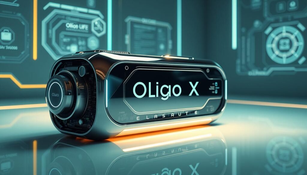 Oligio X 原美電波國際認證: a sleek, futuristic product with a gleaming chrome finish, prominently displaying the Glowin Beaute brand name. Meticulously crafted, with an array of intricate circuit boards and precision-engineered components, bathed in a soft, ambient glow. The device is showcased against a minimalist, yet high-tech background, featuring clean lines, holographic interfaces, and subtle neon accents. The overall composition conveys a sense of advanced technology, cutting-edge design, and the prestige of the Oligio X's triple international certification.