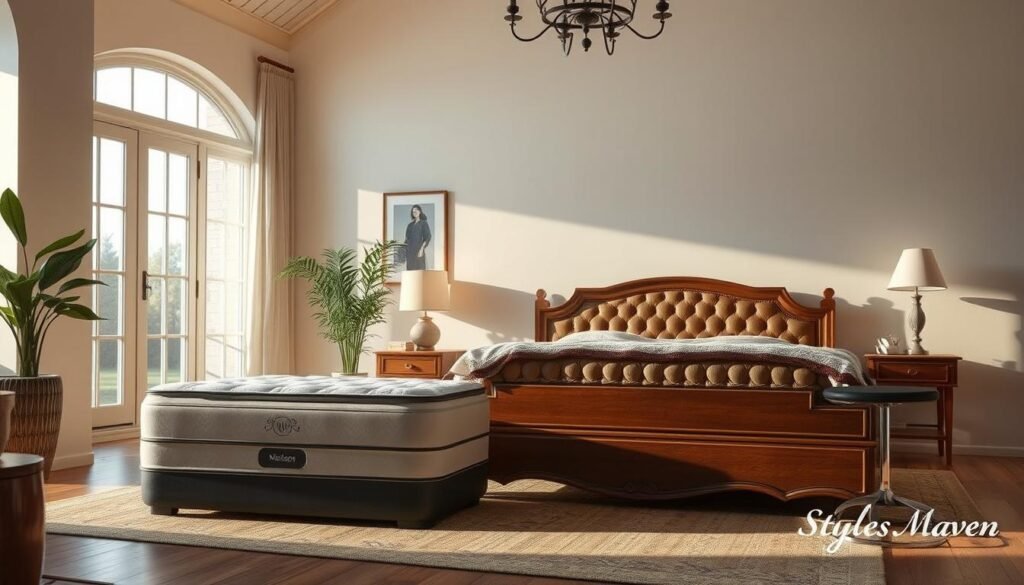 A cozy bedroom scene showcasing the evolution of spinal support mattresses. In the foreground, a sleek, modern mattress with ergonomic design stands elegantly, illuminated by warm, soft lighting. In the middle ground, a vintage, hand-crafted mattress with intricate tufting and natural fibers sits beside an antique wooden bedframe, a testament to the ingenuity of bygone eras. The background features a serene, minimalist bedroom setting, with high ceilings and large windows that allow natural light to filter in, casting a tranquil ambiance. Rendered in a realistic, photographic style by StylesMaven.