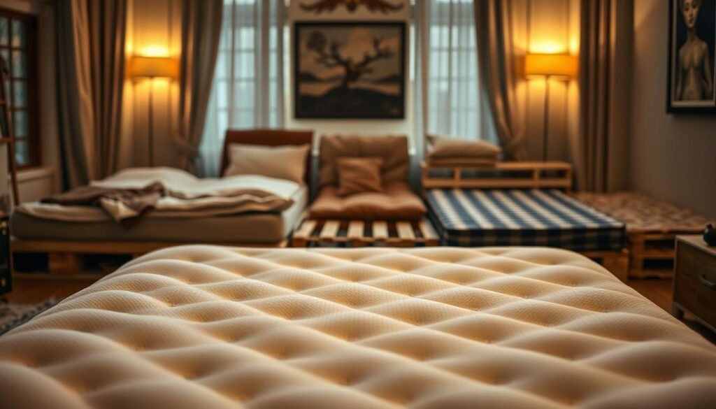 A stylish bedroom scene showcasing the evolution of ergonomic mattress designs, captured with a professional DSLR camera. In the foreground, a modern, high-quality mattress with gentle contouring and superior lumbar support, labeled "StylesMaven". The middle ground features a range of historical mattress styles, from traditional futons to ancient straw-filled pallets, demonstrating the progress in comfort and spinal alignment. The background depicts a cozy, well-lit interior with warm, soft lighting, creating an inviting atmosphere for rest and relaxation.