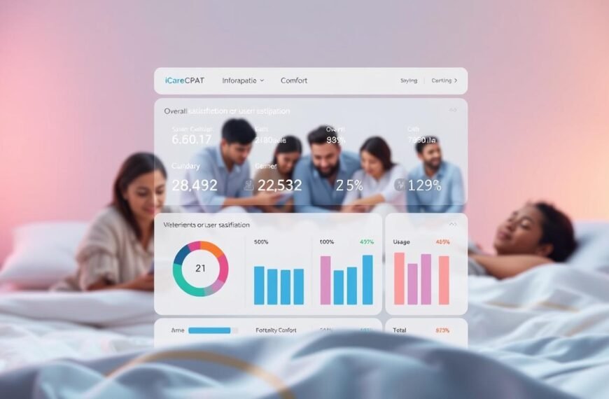 A well-designed survey interface with a clean, modern aesthetic showcasing user satisfaction data for the iCareCPAP sleep apnea device. The foreground features a sleek, minimalist dashboard with intuitive infographic visualizations of key metrics like overall satisfaction, comfort, and usage. The middle ground depicts a group of diverse users engaged with the device, conveying a sense of inclusivity and personal connection. The background subtly blends soothing pastel gradients, evoking a calming, therapeutic atmosphere. Subtle technical details like soft shadows, gentle highlights, and a slightly tilted camera angle add depth and visual interest. The overall mood is one of professionalism, user-centricity, and a commitment to improving sleep health.