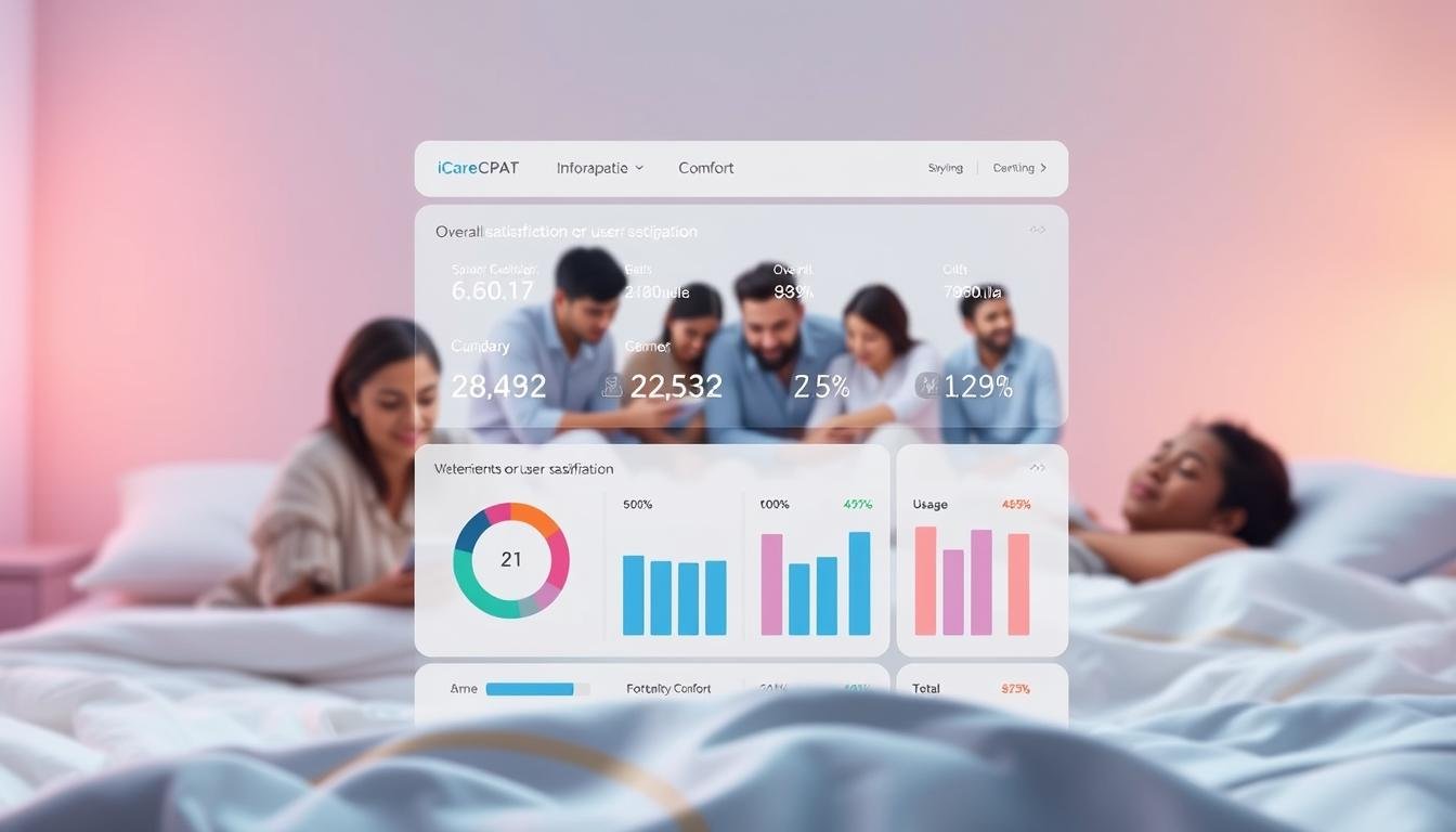 A well-designed survey interface with a clean, modern aesthetic showcasing user satisfaction data for the iCareCPAP sleep apnea device. The foreground features a sleek, minimalist dashboard with intuitive infographic visualizations of key metrics like overall satisfaction, comfort, and usage. The middle ground depicts a group of diverse users engaged with the device, conveying a sense of inclusivity and personal connection. The background subtly blends soothing pastel gradients, evoking a calming, therapeutic atmosphere. Subtle technical details like soft shadows, gentle highlights, and a slightly tilted camera angle add depth and visual interest. The overall mood is one of professionalism, user-centricity, and a commitment to improving sleep health.