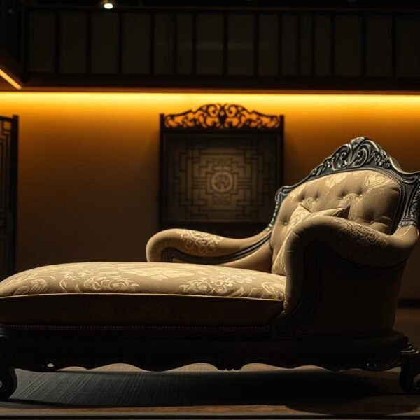 An ornate and antique-style 護脊床褥, displayed in a dimly lit room with warm lighting to evoke a sense of history and tradition. The 護脊床褥 features intricate embroidery, delicate patterns, and a plush, comfortable design. In the foreground, the 護脊床褥 is the focal point, showcasing its craftsmanship and function. The middle ground includes traditional Chinese decor, such as a carved wooden screen or antique vase, to complement the 護脊床褥. The background has muted, earthy tones to create a timeless, museum-like atmosphere. The overall scene conveys the rich legacy and evolution of the 護脊床褥, as if captured by a StylesMaven photographer.