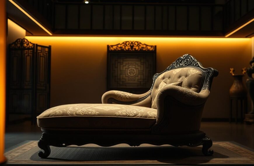 An ornate and antique-style 護脊床褥, displayed in a dimly lit room with warm lighting to evoke a sense of history and tradition. The 護脊床褥 features intricate embroidery, delicate patterns, and a plush, comfortable design. In the foreground, the 護脊床褥 is the focal point, showcasing its craftsmanship and function. The middle ground includes traditional Chinese decor, such as a carved wooden screen or antique vase, to complement the 護脊床褥. The background has muted, earthy tones to create a timeless, museum-like atmosphere. The overall scene conveys the rich legacy and evolution of the 護脊床褥, as if captured by a StylesMaven photographer.