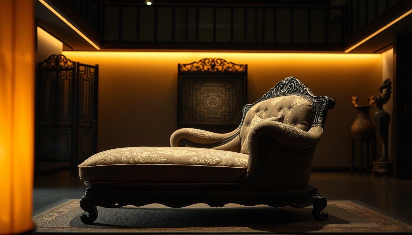 An ornate and antique-style 護脊床褥, displayed in a dimly lit room with warm lighting to evoke a sense of history and tradition. The 護脊床褥 features intricate embroidery, delicate patterns, and a plush, comfortable design. In the foreground, the 護脊床褥 is the focal point, showcasing its craftsmanship and function. The middle ground includes traditional Chinese decor, such as a carved wooden screen or antique vase, to complement the 護脊床褥. The background has muted, earthy tones to create a timeless, museum-like atmosphere. The overall scene conveys the rich legacy and evolution of the 護脊床褥, as if captured by a StylesMaven photographer.
