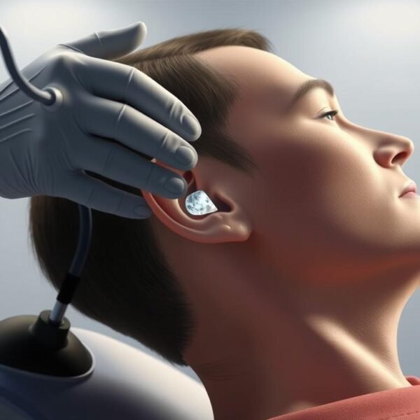 Canalith Repositioning Procedure: A medical illustration depicting a healthcare professional performing a canalith repositioning maneuver on a patient. The scene shows the doctor's hands gently guiding the patient's head through a series of strategic movements, with a focused expression on their face. The patient's head is tilted back, exposing the ear canal, as the doctor meticulously repositions the displaced otoconia crystals. The room is well-lit, with soft, directional lighting highlighting the delicate procedure. The background is clean and minimalist, keeping the focus on the critical medical intervention.