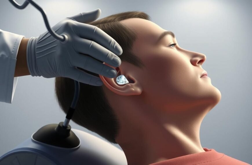 Canalith Repositioning Procedure: A medical illustration depicting a healthcare professional performing a canalith repositioning maneuver on a patient. The scene shows the doctor's hands gently guiding the patient's head through a series of strategic movements, with a focused expression on their face. The patient's head is tilted back, exposing the ear canal, as the doctor meticulously repositions the displaced otoconia crystals. The room is well-lit, with soft, directional lighting highlighting the delicate procedure. The background is clean and minimalist, keeping the focus on the critical medical intervention.