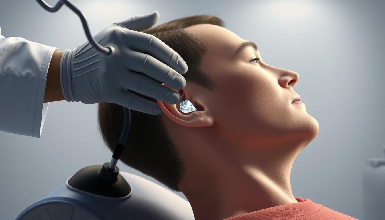 Canalith Repositioning Procedure: A medical illustration depicting a healthcare professional performing a canalith repositioning maneuver on a patient. The scene shows the doctor's hands gently guiding the patient's head through a series of strategic movements, with a focused expression on their face. The patient's head is tilted back, exposing the ear canal, as the doctor meticulously repositions the displaced otoconia crystals. The room is well-lit, with soft, directional lighting highlighting the delicate procedure. The background is clean and minimalist, keeping the focus on the critical medical intervention.