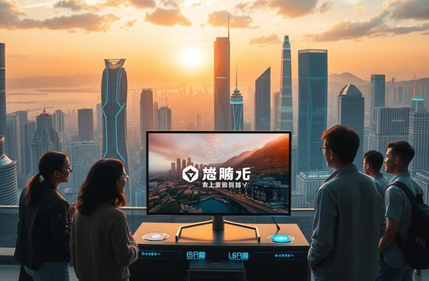Telecombrother's latest "Hong Kong Channel Switch Promotion": a vibrant, futuristic scene showcasing a cityscape of towering skyscrapers, neon lights, and a dynamic, bustling energy. In the foreground, a group of tech-savvy individuals engaged in lively discussions, surrounded by holographic displays and digital interfaces. The middle ground features a sleek, state-of-the-art television set, prominently displaying Telecombrother's logo, while the background is a panoramic view of the Hong Kong skyline, bathed in a warm, golden glow from the setting sun. The overall atmosphere conveys a sense of innovation, connectivity, and the seamless integration of technology into modern urban life.