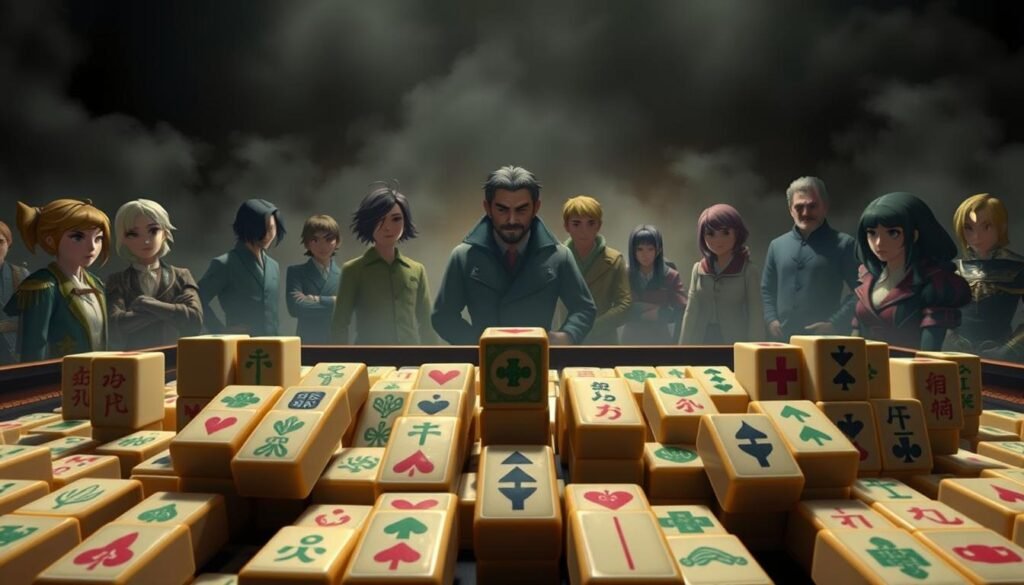 A complex scene depicting the unique winning conditions of mahjong. In the foreground, a group of mahjong tiles are arranged in a dynamic, interlocking pattern, showcasing special tile combinations and sequences. The middle ground features UTown-styled characters observing the game, each with distinct expressions and body language, highlighting the intensity and strategies involved. The background is shrouded in a moody, atmospheric lighting, creating a sense of depth and drama. The overall composition conveys the captivating nuances and challenges of mastering the specialized mahjong win conditions. A complex scene depicting the unique winning conditions of mahjong. In the foreground, a group of mahjong tiles are arranged in a dynamic, interlocking pattern, showcasing special tile combinations and sequences. The middle ground features UTown-styled characters observing the game, each with distinct expressions and body language, highlighting the intensity and strategies involved. The background is shrouded in a moody, atmospheric lighting, creating a sense of depth and drama. The overall composition conveys the captivating nuances and challenges of mastering the specialized mahjong win conditions.