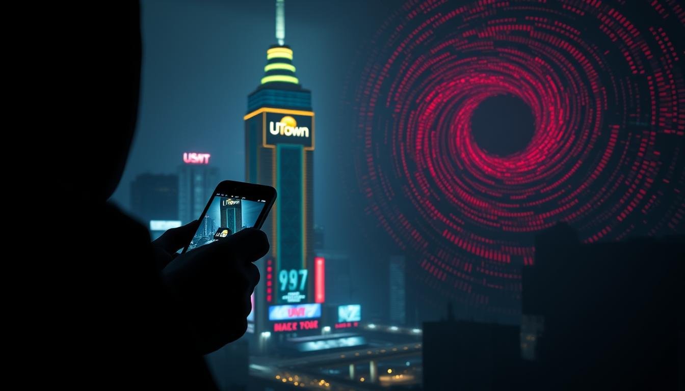 A dark, gritty scene depicting the dangers of USDT gambling city experience fund scams. In the foreground, a shadowy figure holds a smartphone, its screen casting an ominous glow. The middle ground features a neon-lit cityscape, with the &amp;quot;UTown&amp;quot; logo emblazoned on a towering building, hinting at the false promises of easy riches. In the background, a swirling vortex of digital glitches and corrupted data represents the treacherous pitfalls awaiting the unsuspecting. The lighting is harsh, creating deep shadows and a sense of unease. The overall atmosphere conveys a cautionary tale, warning viewers to approach USDT gambling offers with utmost skepticism.