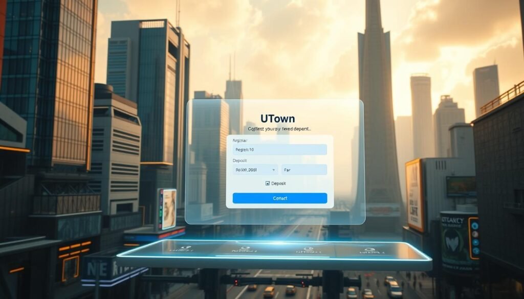A lush, futuristic cityscape with towering skyscrapers, gleaming glass facades, and bustling streets. In the foreground, a sleek, modern interface materializes, showcasing the simplified registration and deposit process for UTown, the revolutionary cryptocurrency-powered entertainment destination. Soft, ambient lighting sets the mood, while a sense of efficiency and technological innovation permeates the scene. The camera angle is slightly elevated, providing a bird's-eye view of the integrated user experience. The overall aesthetic is clean, minimalist, and inviting, capturing the essence of UTown's seamless, crypto-driven transformation of the traditional gaming landscape. A lush, futuristic cityscape with towering skyscrapers, gleaming glass facades, and bustling streets. In the foreground, a sleek, modern interface materializes, showcasing the simplified registration and deposit process for UTown, the revolutionary cryptocurrency-powered entertainment destination. Soft, ambient lighting sets the mood, while a sense of efficiency and technological innovation permeates the scene. The camera angle is slightly elevated, providing a bird's-eye view of the integrated user experience. The overall aesthetic is clean, minimalist, and inviting, capturing the essence of UTown's seamless, crypto-driven transformation of the traditional gaming landscape.