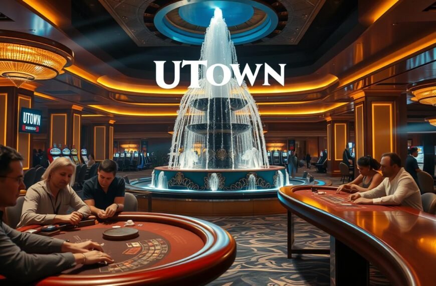 A modern and luxurious casino interior with warm lighting, sleek surfaces, and subtle branding. In the foreground, a group of players engages at a high-stakes gaming table, the intensity of their expressions mirrored in the polished wood and felt surfaces. In the middle ground, a grand fountain feature adds a sense of movement and elegance, its cascading water catching the light. In the background, the UTown logo is discreetly displayed, blending seamlessly with the opulent decor. The overall atmosphere conveys a sense of exclusive sophistication, enticing players to immerse themselves in the daily cash-back rewards program.