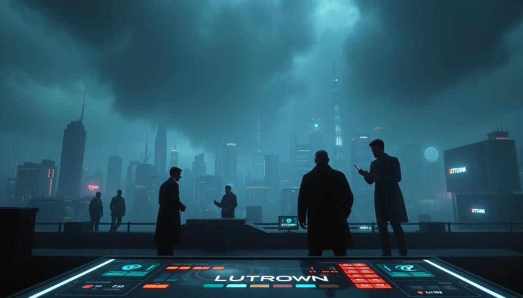 A surreal, dystopian scene depicting a fraudulent "UTown" cryptocurrency platform luring unsuspecting users with the promise of a lucrative "experience bonus". In the foreground, a sleek, futuristic interface beckons with enticing graphics and neon-lit buttons. The middle ground features shadowy figures exchanging digital funds, while the background is shrouded in an ominous, distorted cityscape, hinting at the deceptive nature of the platform. The lighting is dramatic, with harsh shadows and a cold, unnatural color palette, creating a sense of unease and mistrust. The overall composition conveys a sense of false promises and the insidious nature of such fraudulent schemes targeting vulnerable individuals.