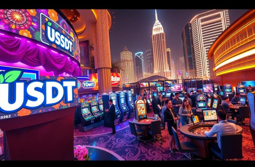 A vibrant and dynamic scene showcasing a USDT entertainment city with various promotional activities. In the foreground, the UTown brand logo stands prominently, with colorful banners and decorations surrounding it, creating a festive atmosphere. The middle ground features a group of people engaged in different gaming activities, such as slot machines, roulette tables, and card games, all immersed in the excitement of the casino experience. The background depicts a sleek and modern cityscape, with neon lights and skyscrapers, further enhancing the glamorous and futuristic setting. The lighting is warm and inviting, with a mix of natural and artificial illumination, casting a cozy glow over the entire scene. The camera angle is slightly elevated, providing a panoramic view of the USDT entertainment city and its engaging promotional offerings.