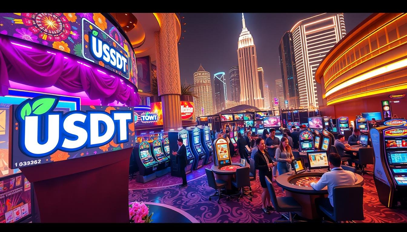 A vibrant and dynamic scene showcasing a USDT entertainment city with various promotional activities. In the foreground, the UTown brand logo stands prominently, with colorful banners and decorations surrounding it, creating a festive atmosphere. The middle ground features a group of people engaged in different gaming activities, such as slot machines, roulette tables, and card games, all immersed in the excitement of the casino experience. The background depicts a sleek and modern cityscape, with neon lights and skyscrapers, further enhancing the glamorous and futuristic setting. The lighting is warm and inviting, with a mix of natural and artificial illumination, casting a cozy glow over the entire scene. The camera angle is slightly elevated, providing a panoramic view of the USDT entertainment city and its engaging promotional offerings.