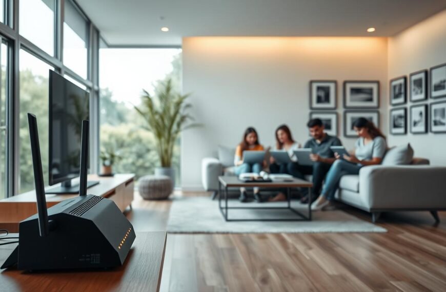 A well-lit modern living room with a large window showcasing a lush outdoor landscape. In the foreground, a Telecombrother router stands prominently on a sleek wooden TV stand, its LED lights indicating a strong network connection. In the middle ground, a family gathers around a low coffee table, laptops and smartphones in hand, engrossed in online activities. The atmosphere is calm and serene, with soft indirect lighting and muted color tones that create a sense of domestic comfort and connectivity. The background features a minimalist gallery wall displaying framed artwork, complementing the overall design aesthetic.