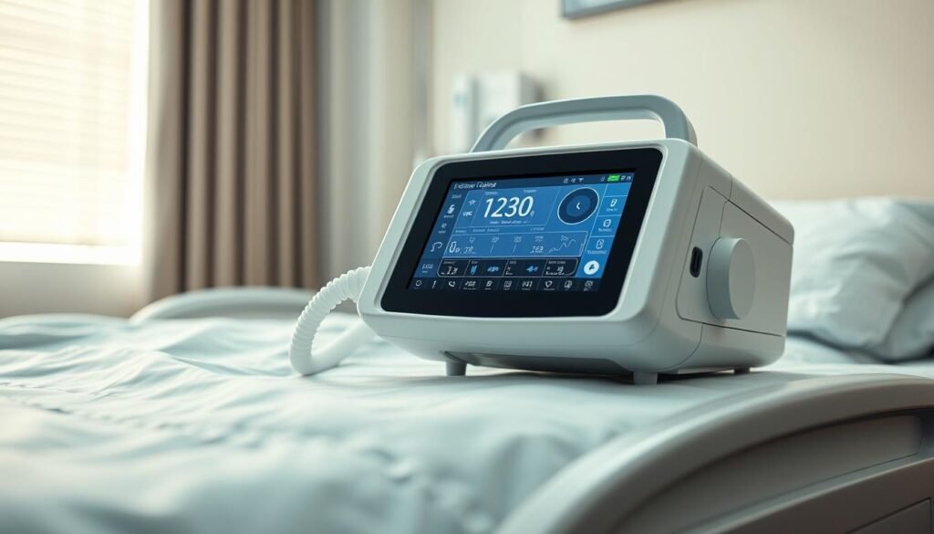 A detailed, high-quality medical device resting on a clean, modern hospital bedside table. The iCareCPAP sleep apnea machine has a sleek, minimalist white design with a large digital display showing key monitoring metrics. The device is situated in a well-lit room with soft, diffused lighting from a window, creating a calm, clinical atmosphere. The angle showcases the machine's intuitive controls and airflow components, highlighting its advanced functionality for diagnosing and treating sleep apnea. The scene conveys a sense of professionalism, reliability, and patient-centric care. A detailed, high-quality medical device resting on a clean, modern hospital bedside table. The iCareCPAP sleep apnea machine has a sleek, minimalist white design with a large digital display showing key monitoring metrics. The device is situated in a well-lit room with soft, diffused lighting from a window, creating a calm, clinical atmosphere. The angle showcases the machine's intuitive controls and airflow components, highlighting its advanced functionality for diagnosing and treating sleep apnea. The scene conveys a sense of professionalism, reliability, and patient-centric care.