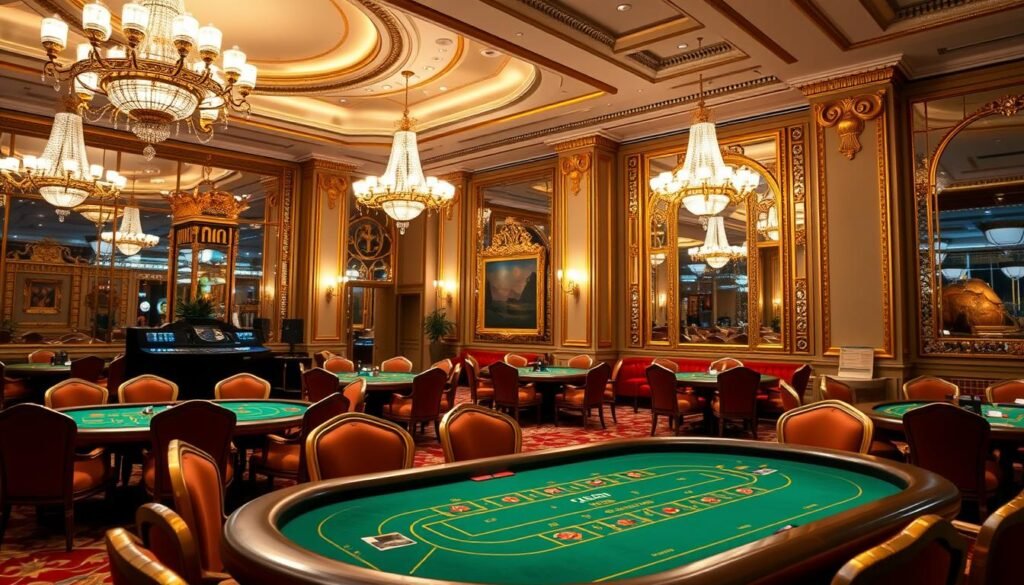 A luxurious casino interior with elegant decor and soft lighting. In the foreground, a baccarat table with green felt and gilded edges stands prominently, inviting players to participate in the classic card game. The table is surrounded by richly upholstered chairs, creating an atmosphere of sophistication. In the middle ground, the walls are adorned with ornate gold-framed mirrors and artwork, casting a warm glow throughout the space. The background features high ceilings with intricate moldings and chandeliers that illuminate the room, conveying a sense of grandeur and exclusivity. The overall scene evokes the timeless allure of the baccarat experience. A luxurious casino interior with elegant decor and soft lighting. In the foreground, a baccarat table with green felt and gilded edges stands prominently, inviting players to participate in the classic card game. The table is surrounded by richly upholstered chairs, creating an atmosphere of sophistication. In the middle ground, the walls are adorned with ornate gold-framed mirrors and artwork, casting a warm glow throughout the space. The background features high ceilings with intricate moldings and chandeliers that illuminate the room, conveying a sense of grandeur and exclusivity. The overall scene evokes the timeless allure of the baccarat experience.