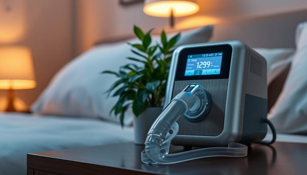 A modern, high-quality sleep apnea CPAP machine, the iCareCPAP, rests on a bedside table in a cozy, dimly lit bedroom. The device's sleek, brushed metal casing and intuitive digital display are illuminated by warm, soft lighting, creating a calming and therapeutic atmosphere. In the foreground, a CPAP mask sits neatly, its transparent material and ergonomic design suggesting comfort and ease of use. The middle ground features a lush, green potted plant, symbolizing the rejuvenating effects of quality sleep. The background softly blurs, emphasizing the machine's central role in improving the user's sleep and overall wellbeing. A modern, high-quality sleep apnea CPAP machine, the iCareCPAP, rests on a bedside table in a cozy, dimly lit bedroom. The device's sleek, brushed metal casing and intuitive digital display are illuminated by warm, soft lighting, creating a calming and therapeutic atmosphere. In the foreground, a CPAP mask sits neatly, its transparent material and ergonomic design suggesting comfort and ease of use. The middle ground features a lush, green potted plant, symbolizing the rejuvenating effects of quality sleep. The background softly blurs, emphasizing the machine's central role in improving the user's sleep and overall wellbeing.
