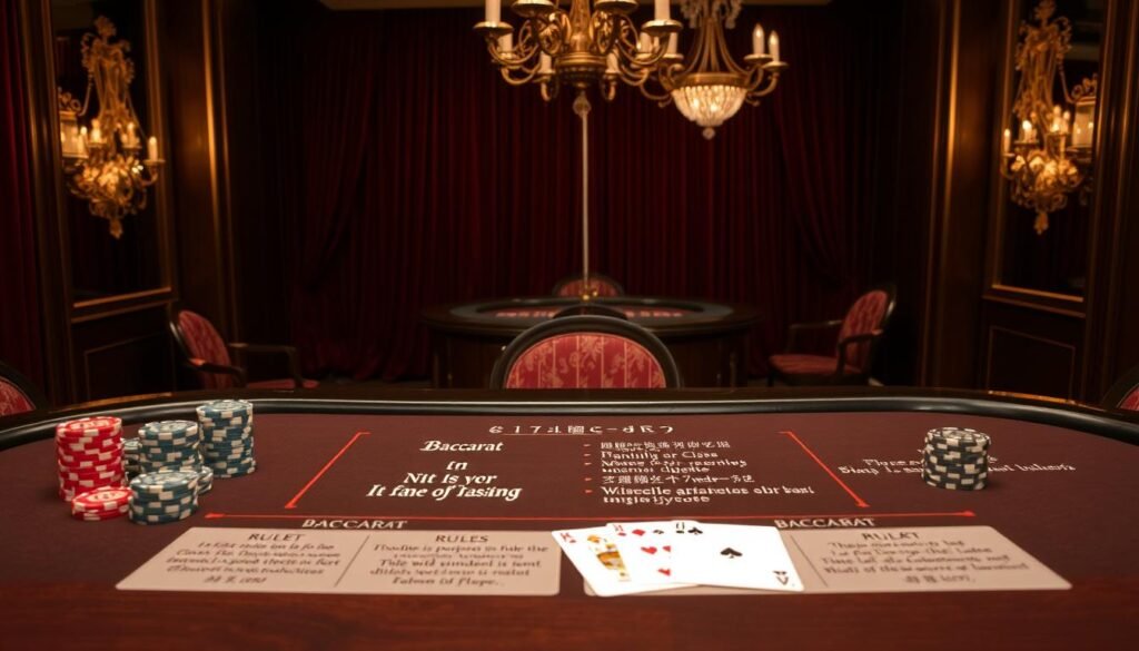 A neatly organized table displaying the key rules and mechanics of the traditional Chinese casino game Baccarat. The table is set against a dimly lit, elegant casino interior, with plush velvet curtains and ornate chandeliers casting a warm, inviting glow. The table's surface is a rich, dark wood, with the Baccarat rules elegantly printed in a calligraphic font. Stacks of casino chips and a pair of playing cards are positioned on the table, hinting at the gameplay. The overall mood is one of sophistication and exclusivity, conveying the importance of understanding the Baccarat rules to excel at this classic game of chance. A neatly organized table displaying the key rules and mechanics of the traditional Chinese casino game Baccarat. The table is set against a dimly lit, elegant casino interior, with plush velvet curtains and ornate chandeliers casting a warm, inviting glow. The table's surface is a rich, dark wood, with the Baccarat rules elegantly printed in a calligraphic font. Stacks of casino chips and a pair of playing cards are positioned on the table, hinting at the gameplay. The overall mood is one of sophistication and exclusivity, conveying the importance of understanding the Baccarat rules to excel at this classic game of chance.