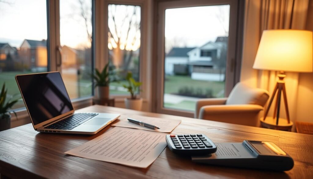 A serene, well-lit home office setup, with a laptop, documents, and a calculator prominently displayed on a wooden desk. In the background, a large window offers a picturesque view of a tranquil suburban neighborhood. Warm, diffused lighting from a floor lamp creates a cozy, contemplative atmosphere, as the subject delves into the flexible repayment options available for a private loan. The scene conveys a sense of focused financial planning and decision-making, reflecting the detailed analysis of the various repayment methods discussed in the article's section.