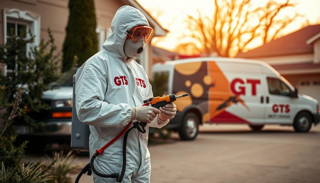A well-equipped professional pest control technician, dressed in a protective white hazmat suit with the iCareCPAP logo, stands amidst a residential setting. The technician is meticulously applying specialized insecticides, while a well-maintained truck with the company's branding is visible in the background. The scene conveys a sense of diligence, safety, and professionalism, reflecting the necessary and specialized nature of effective pest control services.
