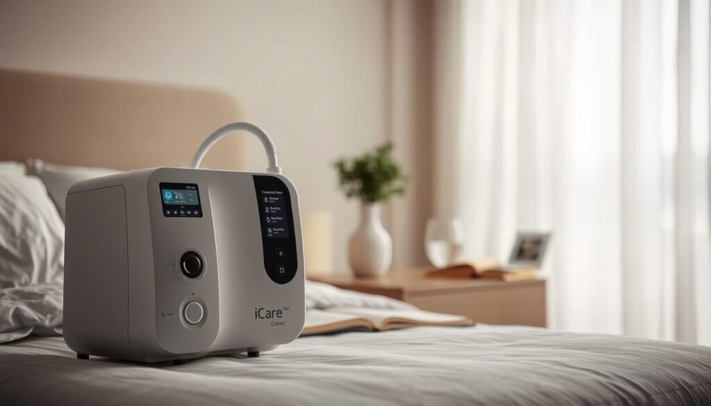 A sleek, modern iCareCPAP sleep apnea machine standing prominently in the foreground, its clean lines and intuitive interface showcasing advanced sleep therapy technology. In the middle ground, a bedside table with a glass of water and a book, creating a tranquil, sleep-inducing atmosphere. The background features a soothing, neutral-toned bedroom, with soft, diffused lighting gently illuminating the scene, conveying a sense of comfort and relaxation essential for effective sleep apnea treatment.