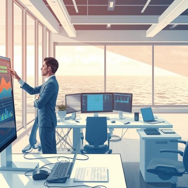 A detailed illustration of the "OceanEsim診斷步驟" process in a modern, digital workspace. In the foreground, a professional technician in business attire is analyzing data on a large touchscreen display, with colorful graphs and diagnostic information visible. The middle ground features a sleek workstation with computers, cables, and technical tools, emphasizing a high-tech atmosphere. The background shows a large window overlooking an ocean view, symbolizing the connection to the OceanEsim project. Soft, natural lighting filters through the window, creating a calm and focused mood. The overall composition is dynamic yet organized, with clean lines and vibrant colors to reflect a professional, innovative environment. No text or branding is present in the image.