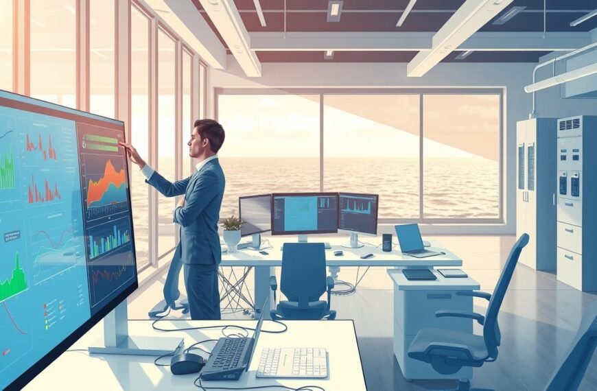A detailed illustration of the "OceanEsim診斷步驟" process in a modern, digital workspace. In the foreground, a professional technician in business attire is analyzing data on a large touchscreen display, with colorful graphs and diagnostic information visible. The middle ground features a sleek workstation with computers, cables, and technical tools, emphasizing a high-tech atmosphere. The background shows a large window overlooking an ocean view, symbolizing the connection to the OceanEsim project. Soft, natural lighting filters through the window, creating a calm and focused mood. The overall composition is dynamic yet organized, with clean lines and vibrant colors to reflect a professional, innovative environment. No text or branding is present in the image.