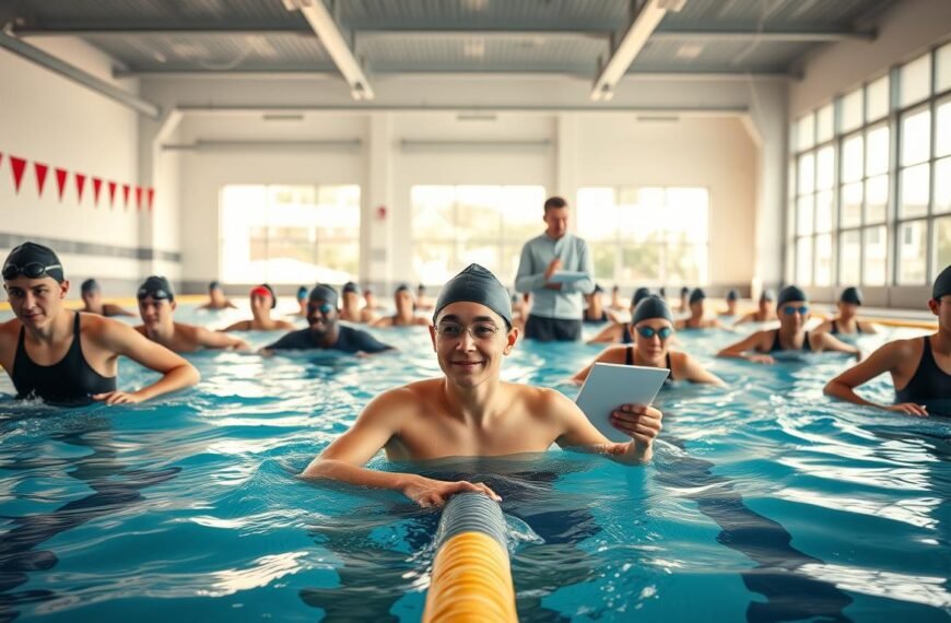 A dynamic scene depicting a swimming training session in a well-lit indoor swimming pool facility. In the foreground, a diverse group of swimmers, wearing modest athletic swim gear, are engaged in various exercises, focusing on their strokes and techniques under the guidance of a professional coach. The middle ground showcases clear lanes marked with bright lane ropes, while a coach notes down progress on a clipboard, emphasizing a structured training plan. In the background, large windows allow natural light to flood in, illuminating the water's surface. The atmosphere is energetic and focused, reflecting a scientific approach to swimming training, with an emphasis on understanding the fundamental concepts of swimming clubs and coaching. The camera angle captures a slight overhead view, enhancing the dynamics of the training environment.
