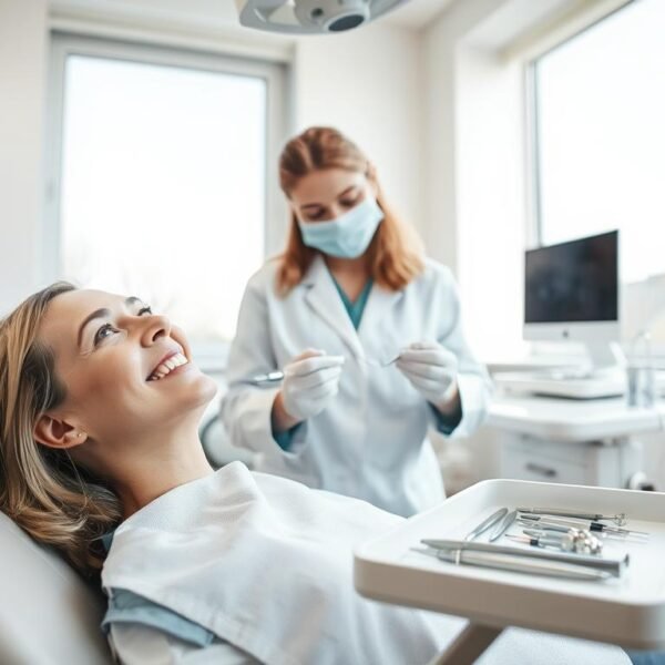 A professional dental hygienist performing a teeth cleaning procedure in a well-lit dental office, showcasing the process of tartar removal and polishing. In the foreground, highlight a patient in a dental chair wearing a comfortable dental bib, appearing relaxed and confident. The hygienist, dressed in a crisp white coat, is focused on their work, using a dental scaler in the middle ground. Various dental tools are neatly arranged on a tray beside them. In the background, a large window allows natural light to fill the room, creating a welcoming and clean atmosphere. Soft, calming colors enhance the scene, emphasizing professionalism and care in dental hygiene. Aim for a perspective that captures the essence of the dental cleaning process, reflecting a sense of order and efficiency.
