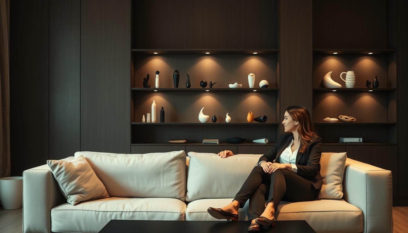 A serene indoor setting featuring a neatly arranged couple's communication space, showcasing a tasteful display of high-quality, elegantly designed sex toys in a minimalistic, well-lit environment. In the foreground, a modest couple dressed in professional attire sits calmly on a plush sofa, engaged in an open and friendly conversation, emphasizing clear communication and comfort with their choices. In the middle ground, shelves filled with various sophisticated sex toys are visible, highlighting their role in fostering intimacy and understanding. The background consists of soft, ambient lighting that creates a warm, inviting atmosphere, encouraging a sense of trust and connection. The overall mood conveys dialogue, consent, and mutual respect in relationships.
