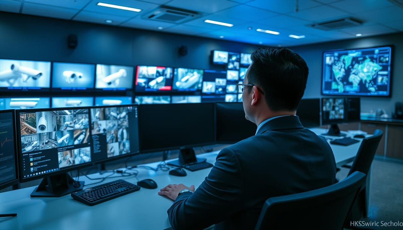 A sophisticated and modern surveillance control room, showcasing the HKSSC monitoring system technology. In the foreground, a sleek computer station is equipped with multiple high-definition monitors displaying real-time footage from various CCTV cameras. The middle ground reveals a professional security officer, dressed in business attire, attentively analyzing data and images on the screens. The background features a wall adorned with security panels and a digital map highlighting surveillance zones. Soft blue and green lighting creates a calm yet vigilant atmosphere, enhancing the high-tech feel. Shot from a slightly elevated angle to capture both the officer and the extensive array of monitors, emphasizing the integration of cutting-edge technology in security operations.