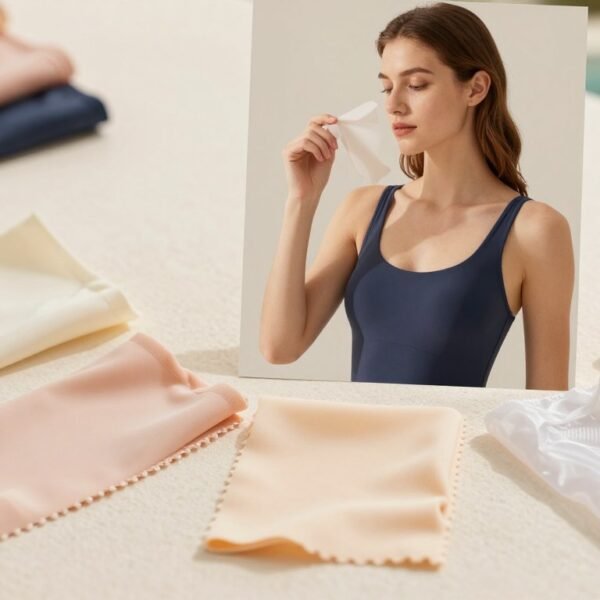 A professional and detailed comparison of women's swimwear materials, displayed in a well-lit, elegant studio setting. In the foreground, showcase several swatches of different swimsuit fabrics, including soft, stretchy materials like lycra, neoprene, and nylon, arranged neatly on a bright, textured surface. The middle layer features a female model dressed in a stylish and modest swimwear outfit that highlights the functional and comfortable aspects of each material. She is examining the fabrics with a thoughtful expression. The background should include softly blurred water patterns to suggest a pool environment. Use warm lighting to create an inviting atmosphere, with a focus on the textures and quality of the fabrics. Shot with a 50mm lens at eye level for clarity and detail, maintaining a cozy and professional vibe.