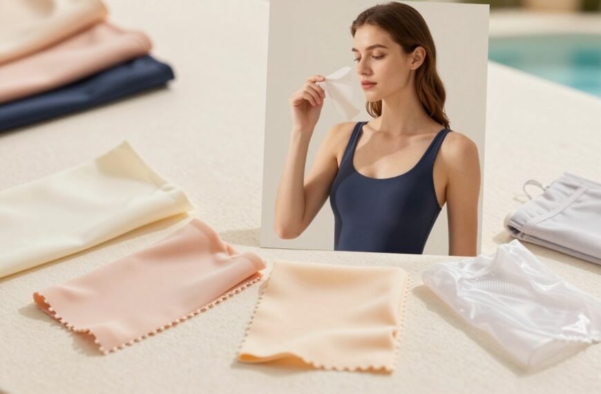 A professional and detailed comparison of women's swimwear materials, displayed in a well-lit, elegant studio setting. In the foreground, showcase several swatches of different swimsuit fabrics, including soft, stretchy materials like lycra, neoprene, and nylon, arranged neatly on a bright, textured surface. The middle layer features a female model dressed in a stylish and modest swimwear outfit that highlights the functional and comfortable aspects of each material. She is examining the fabrics with a thoughtful expression. The background should include softly blurred water patterns to suggest a pool environment. Use warm lighting to create an inviting atmosphere, with a focus on the textures and quality of the fabrics. Shot with a 50mm lens at eye level for clarity and detail, maintaining a cozy and professional vibe.