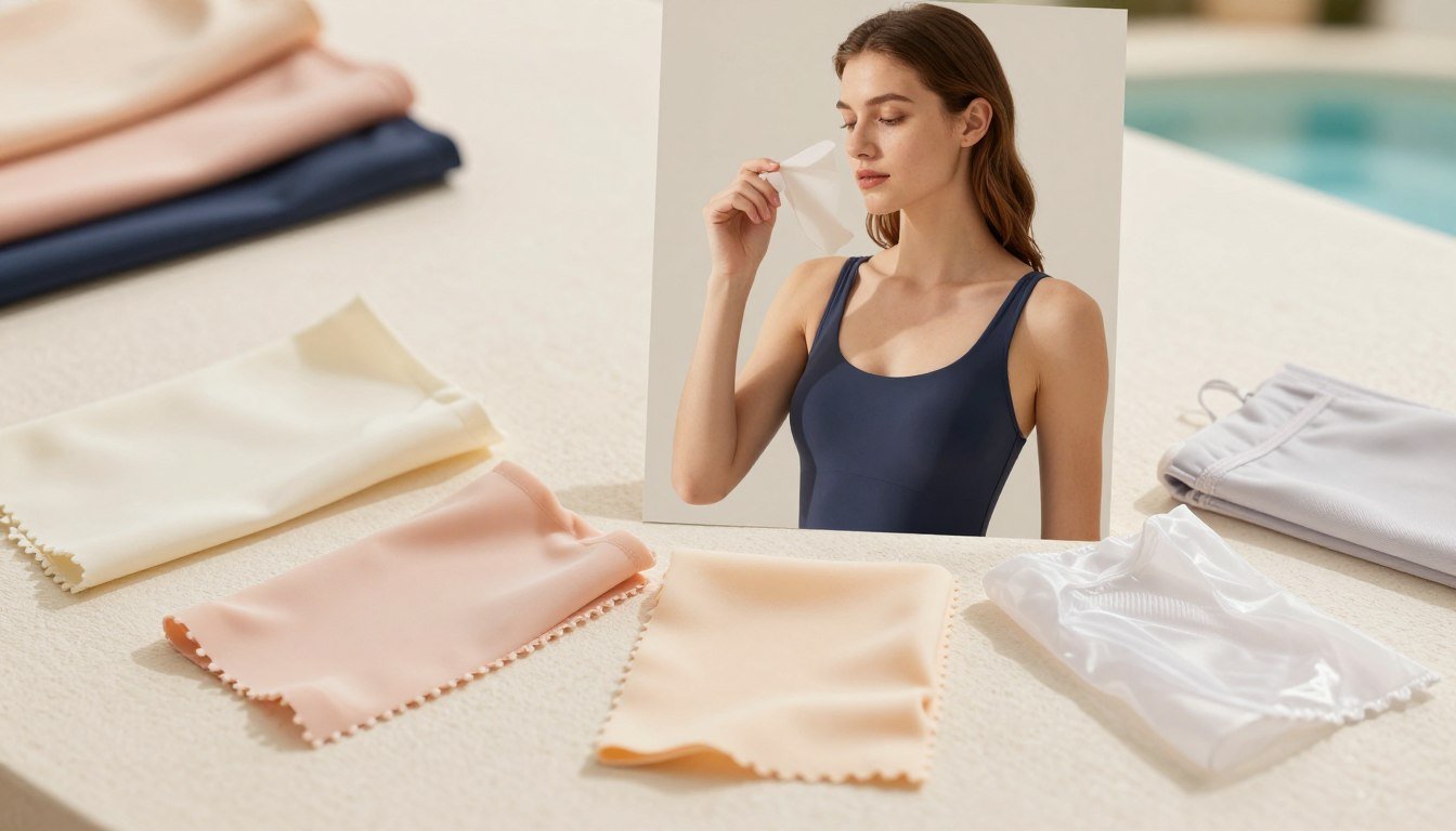 A professional and detailed comparison of women's swimwear materials, displayed in a well-lit, elegant studio setting. In the foreground, showcase several swatches of different swimsuit fabrics, including soft, stretchy materials like lycra, neoprene, and nylon, arranged neatly on a bright, textured surface. The middle layer features a female model dressed in a stylish and modest swimwear outfit that highlights the functional and comfortable aspects of each material. She is examining the fabrics with a thoughtful expression. The background should include softly blurred water patterns to suggest a pool environment. Use warm lighting to create an inviting atmosphere, with a focus on the textures and quality of the fabrics. Shot with a 50mm lens at eye level for clarity and detail, maintaining a cozy and professional vibe.