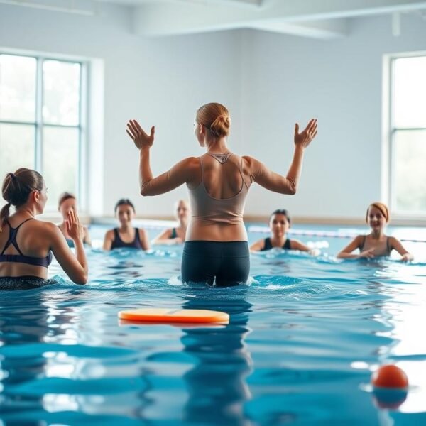 A serene indoor swimming pool setting, illuminated by soft, natural light filtering through large windows. In the foreground, a swimming instructor demonstrating basic swimming techniques, wearing a modest sports outfit, emphasizes proper arm and leg movements. The instructor is engaging with a diverse group of beginner swimmers, all in casual athletic attire, practicing essential strokes such as backstroke and freestyle. In the middle, various swimming tools like kickboards and swim noodles are scattered by the poolside, adding a dynamic element. The background features serene water surface reflections, enhancing the calm yet focused atmosphere of a swimming training session. The composition conveys a mood of safety, instruction, and encouragement, perfect for a tutorial on foundational swimming skills.