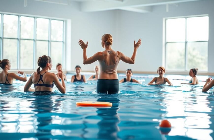 A serene indoor swimming pool setting, illuminated by soft, natural light filtering through large windows. In the foreground, a swimming instructor demonstrating basic swimming techniques, wearing a modest sports outfit, emphasizes proper arm and leg movements. The instructor is engaging with a diverse group of beginner swimmers, all in casual athletic attire, practicing essential strokes such as backstroke and freestyle. In the middle, various swimming tools like kickboards and swim noodles are scattered by the poolside, adding a dynamic element. The background features serene water surface reflections, enhancing the calm yet focused atmosphere of a swimming training session. The composition conveys a mood of safety, instruction, and encouragement, perfect for a tutorial on foundational swimming skills.