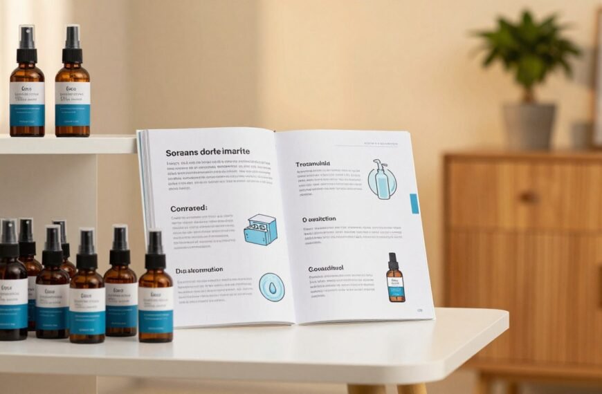 A visually appealing image depicting the correct storage methods for male longevity spray. In the foreground, a neatly organized shelf displaying various spray bottles, with labels indicating storage instructions. The middle layer features a well-lit worktable showcasing a user-friendly, illustrated guide on appropriate storage practices, emphasizing cool, dark locations. In the background, a softly lit room with warm lighting creates a cozy, intimate atmosphere, accentuated by a few potted plants and a wooden cabinet. The focus should be on clarity and professionalism, capturing a serene and informative mood, ideal for an article. Use a 4:3 aspect ratio to maintain balance in the composition.