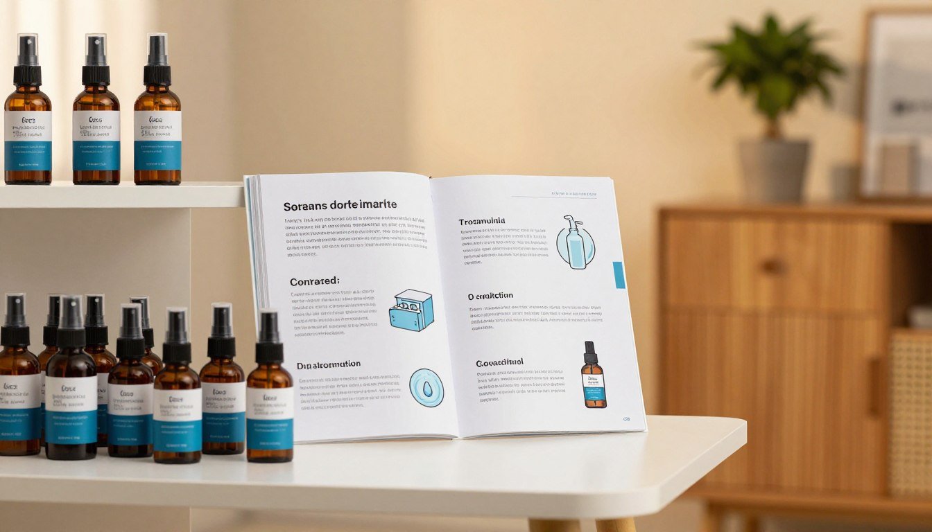 A visually appealing image depicting the correct storage methods for male longevity spray. In the foreground, a neatly organized shelf displaying various spray bottles, with labels indicating storage instructions. The middle layer features a well-lit worktable showcasing a user-friendly, illustrated guide on appropriate storage practices, emphasizing cool, dark locations. In the background, a softly lit room with warm lighting creates a cozy, intimate atmosphere, accentuated by a few potted plants and a wooden cabinet. The focus should be on clarity and professionalism, capturing a serene and informative mood, ideal for an article. Use a 4:3 aspect ratio to maintain balance in the composition.