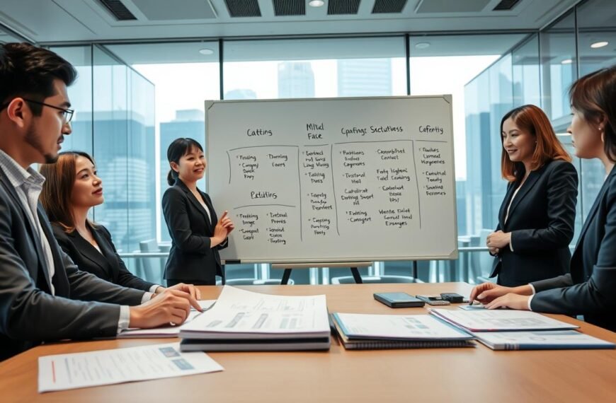 A professional office environment showcasing the process of company establishment and business structure selection in Hong Kong. In the foreground, a diverse group of professionals in business attire confidently discussing documents and charts on a table, emphasizing teamwork and strategic planning. The middle ground features a large whiteboard with diagrams illustrating different corporate structures and names, symbolizing decision-making. The background displays a modern office with glass walls and city views, enhancing a productive atmosphere. Soft, natural lighting pours in from the windows, creating an inviting and motivating mood. The perspective is slightly angled to capture the dynamic interaction among the team while remaining focused on the key concepts being studied.