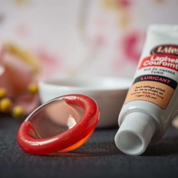 A close-up composition showcasing a well-lit, neatly arranged scene featuring a latex condom and a lubricant tube. The condom is centered in the foreground, slightly opened to reveal its smooth texture, while the lubricant tube is positioned beside it, emphasizing its oil-based label. In the middle ground, there could be soft-focus elements like a small clean surface or a tasteful background, perhaps with blurred floral motifs to create a calming atmosphere. The lighting is bright yet soft, highlighting the sheen of the lubricant and the transparency of the condom. The image conveys a sense of professionalism and education, with a mood that is informative and respectful, ideal for illustrating a health-related topic.