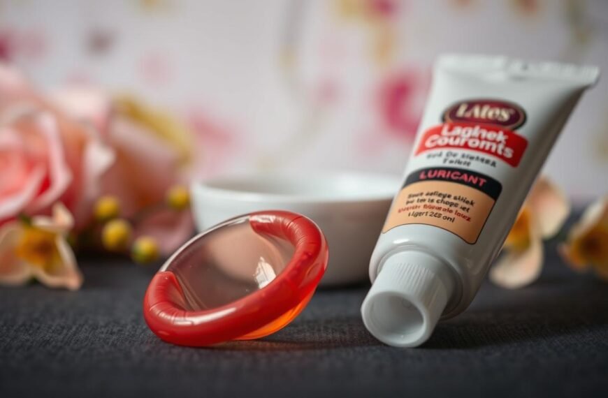 A close-up composition showcasing a well-lit, neatly arranged scene featuring a latex condom and a lubricant tube. The condom is centered in the foreground, slightly opened to reveal its smooth texture, while the lubricant tube is positioned beside it, emphasizing its oil-based label. In the middle ground, there could be soft-focus elements like a small clean surface or a tasteful background, perhaps with blurred floral motifs to create a calming atmosphere. The lighting is bright yet soft, highlighting the sheen of the lubricant and the transparency of the condom. The image conveys a sense of professionalism and education, with a mood that is informative and respectful, ideal for illustrating a health-related topic.