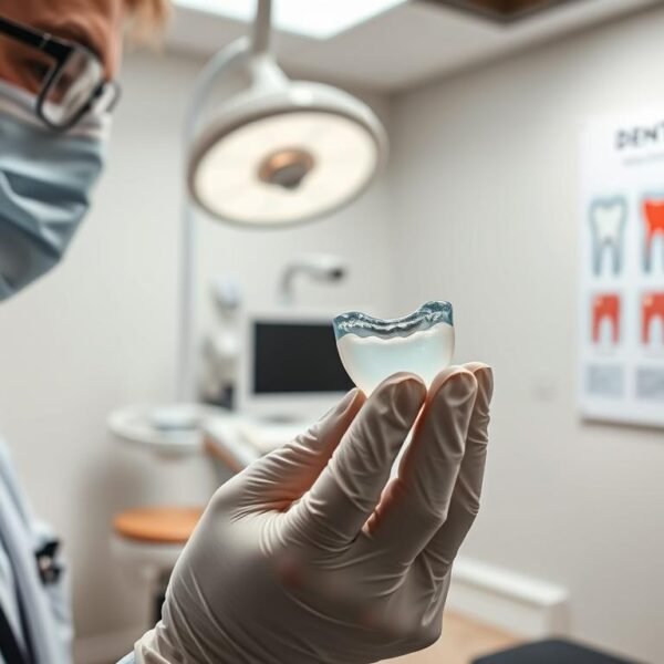 A close-up image depicting a dental professional examining a sleek, modern dental veneer in a clinical setting. In the foreground, a well-dressed dentist is shown holding the veneer with a gloved hand, showcasing its glossy, translucent finish. The middle ground features an open, sterile dental workspace, with tools and a dental chair, emphasizing professionalism and safety. Soft overhead lighting illuminates the scene, creating a bright and inviting atmosphere. In the background, a large poster illustrates the various stages of dental veneers application, reinforcing the educational aspect of the image. The overall mood reflects trust and professionalism, aiming to alleviate concerns about the effects of dental veneers on tooth enamel.