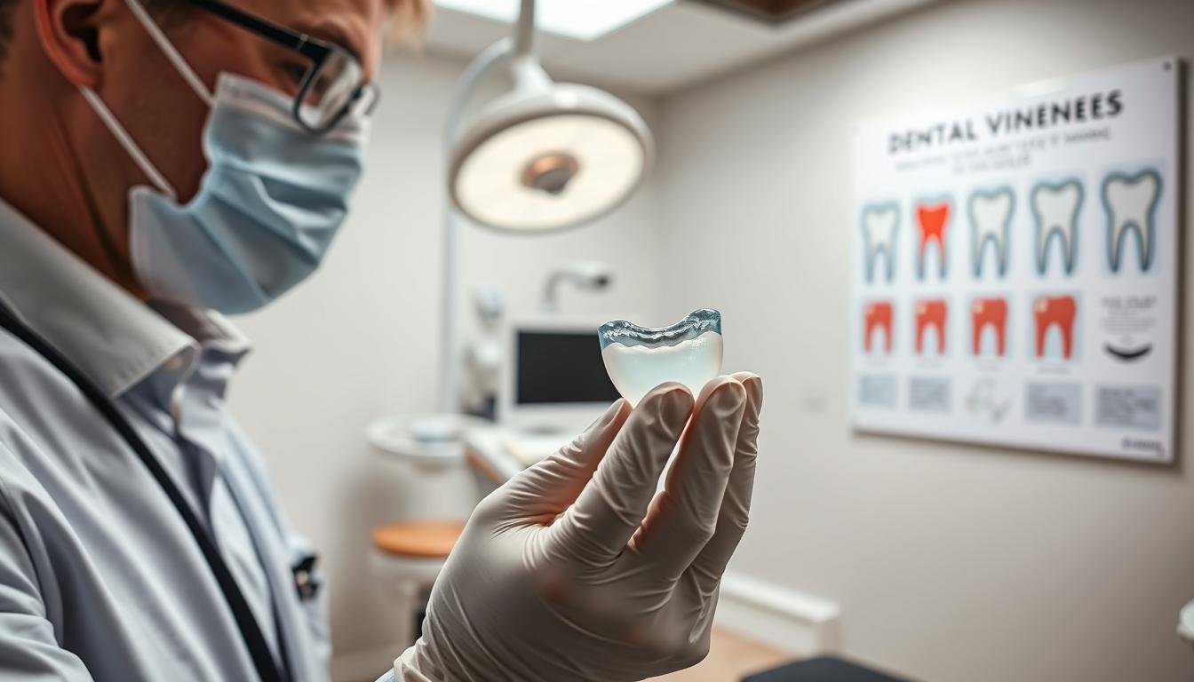 A close-up image depicting a dental professional examining a sleek, modern dental veneer in a clinical setting. In the foreground, a well-dressed dentist is shown holding the veneer with a gloved hand, showcasing its glossy, translucent finish. The middle ground features an open, sterile dental workspace, with tools and a dental chair, emphasizing professionalism and safety. Soft overhead lighting illuminates the scene, creating a bright and inviting atmosphere. In the background, a large poster illustrates the various stages of dental veneers application, reinforcing the educational aspect of the image. The overall mood reflects trust and professionalism, aiming to alleviate concerns about the effects of dental veneers on tooth enamel.