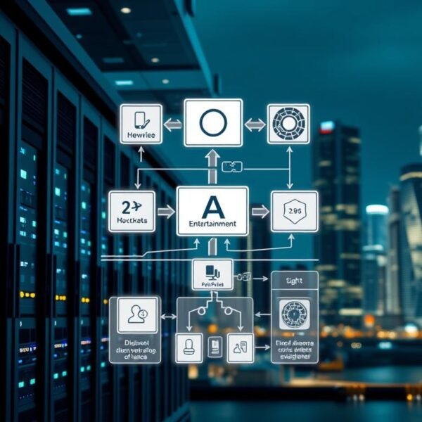 A detailed technical illustration of "3A Entertainment Load Balancing Architecture." In the foreground, multiple sleek servers are aligned in a high-tech data center, showing bright LED indicators. The middle layer features dynamic load balancing diagrams with intricate flowcharts, arrows, and data transfers symbolizing traffic management. The background showcases a futuristic cityscape at night with glowing skyscrapers, representing advanced technology. Use cool-toned lighting to create a professional and modern atmosphere, with a slight depth of field to emphasize the servers and diagrams. The image conveys efficiency and innovation, encapsulating the critical importance of load balancing for 3A Entertainment.